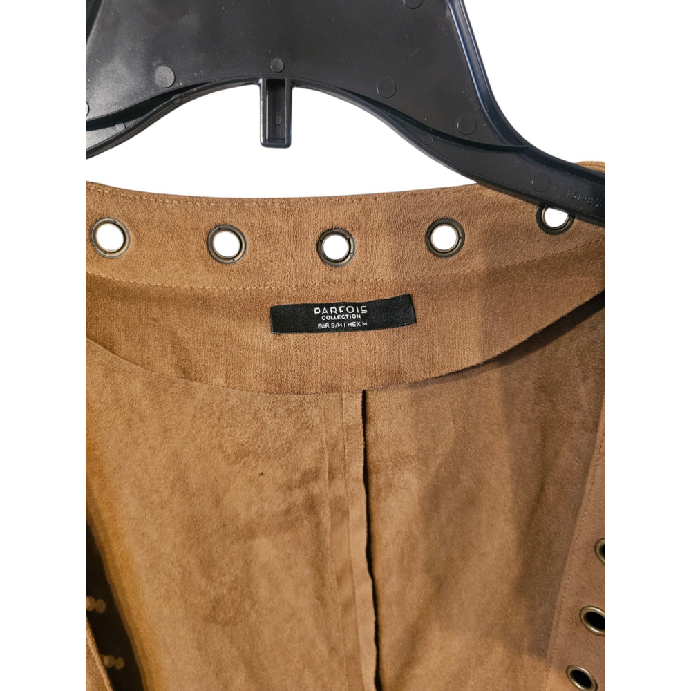 Parfois Tan Faux Suede Fringe Jacket Boho Western Festival Grommet S/M EUC - Picture 3 of 5